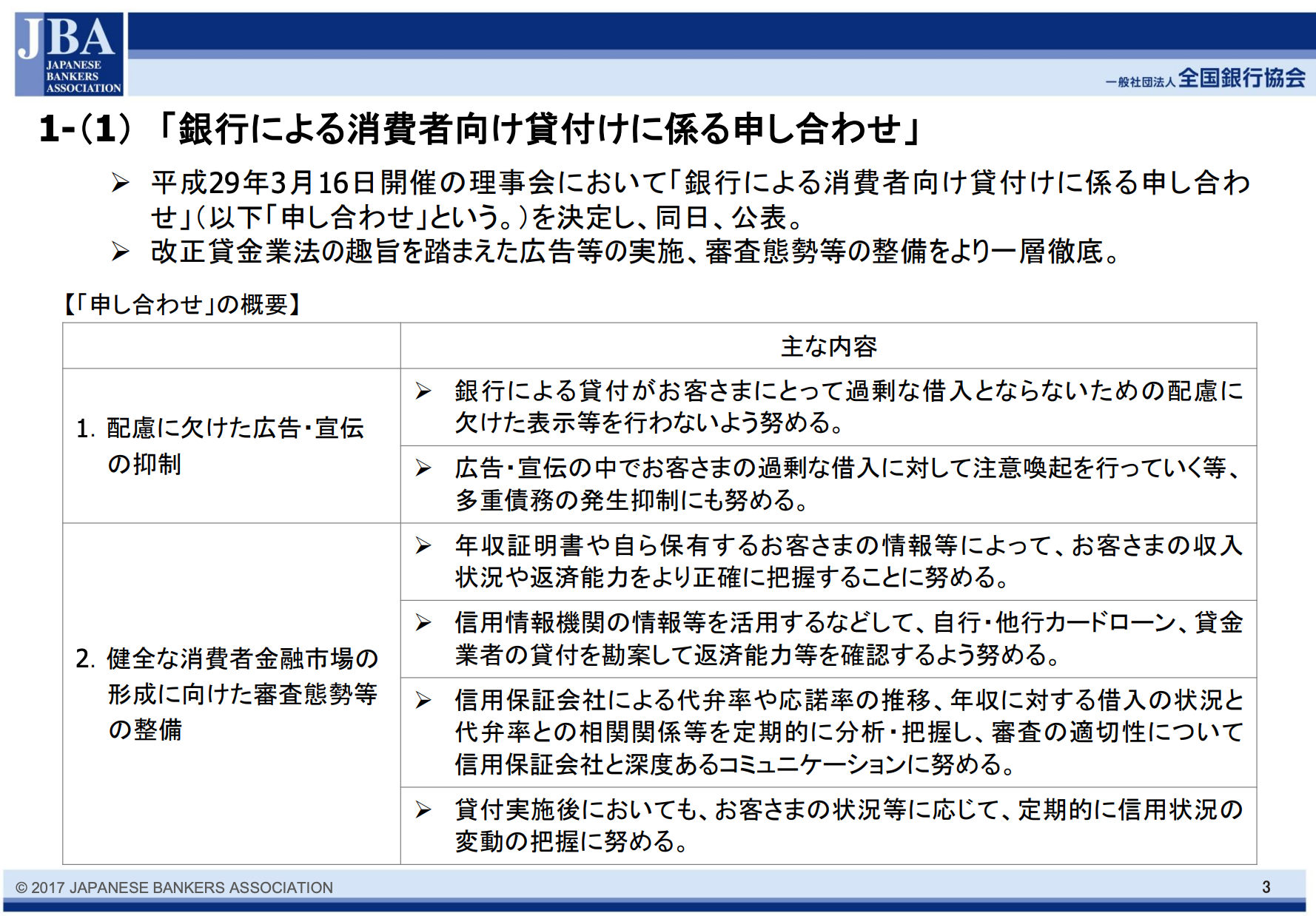 足利銀行による消費者向け貸付けに申し合わせについて