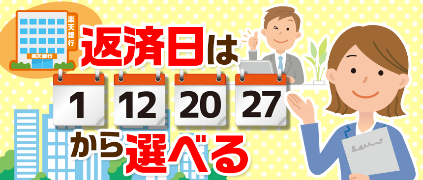 返済日を選べるので喜ぶ男性消費者とレクチャーする女性行員