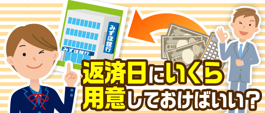返済日の金額の確認をする男性消費者とレクチャーする女性行員