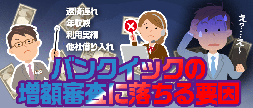 バンクイック増額審査に落ちてショックを受ける男性消費者と要因を知らせるFP