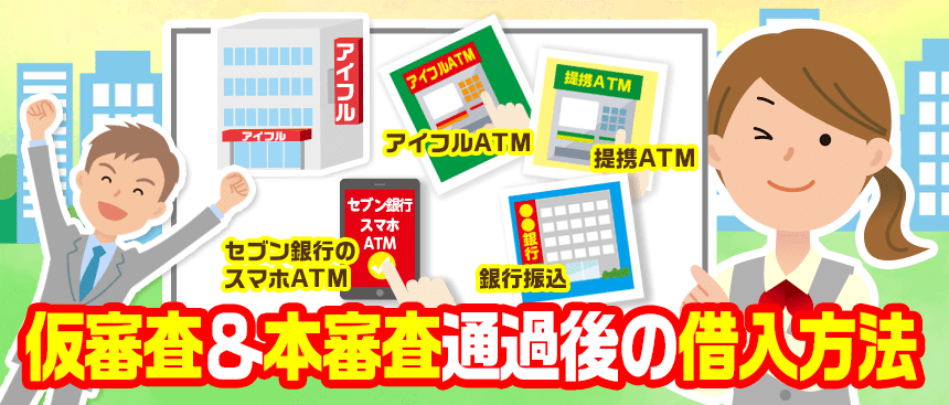 アイフルの仮審査と本審査通過した男性に借入方法を紹介する女性行員